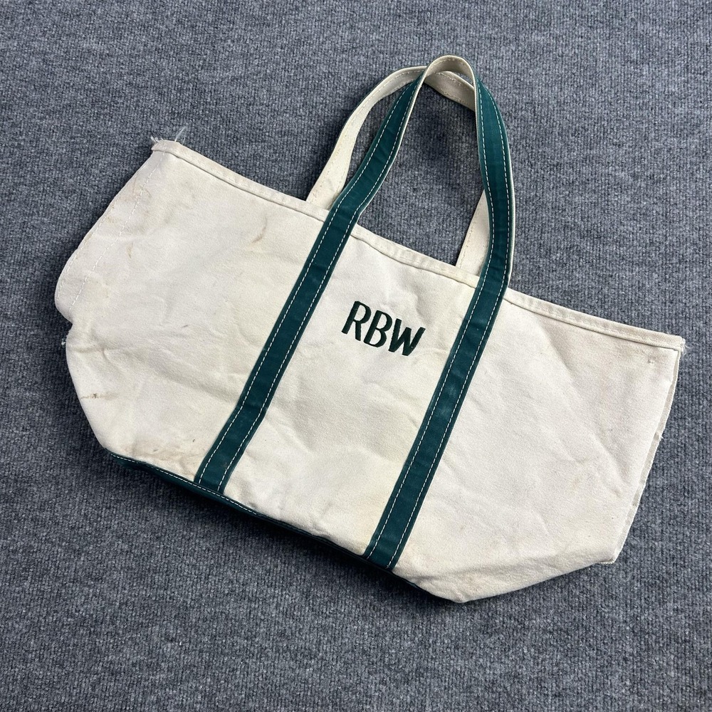 LL Bean Boat and Tote Bag Medium Natural Green Canvas Monogram RBW USA Beach